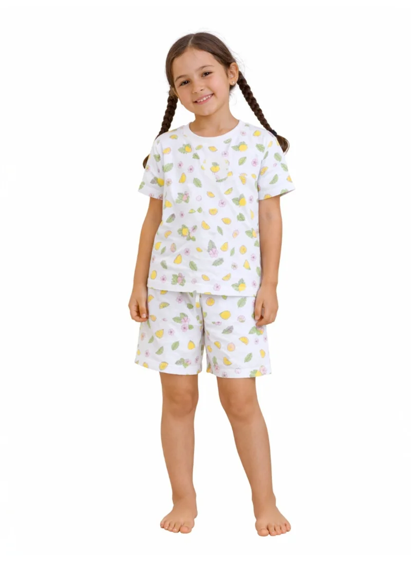 Girls Lemon Print Cotton Pajama Set – T-Shirt & Shorts Nightwear